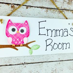 Personalized Kids Room Door Sign Bright Pink Owl