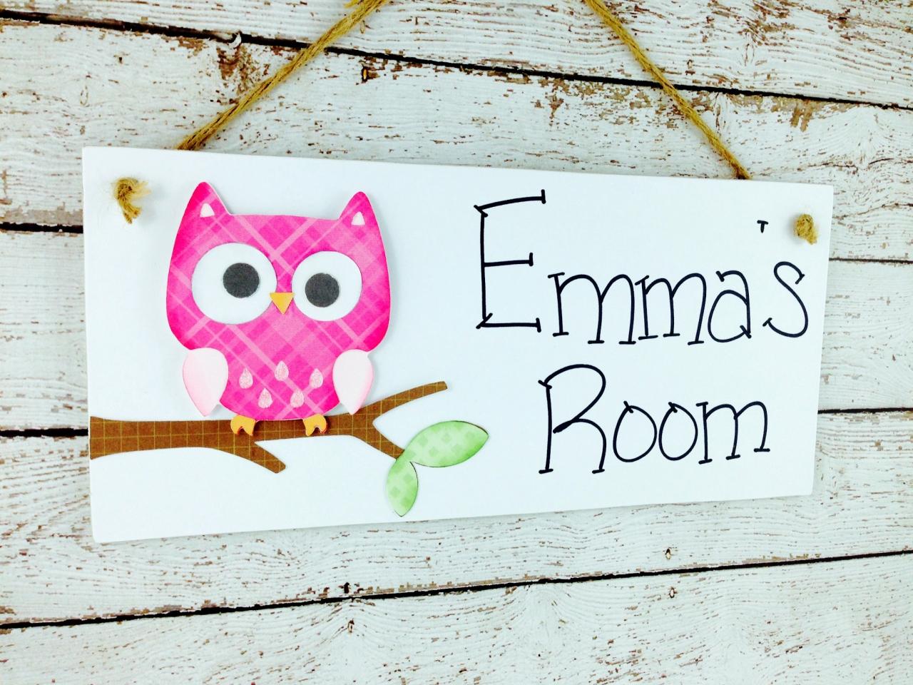 Personalized Kids Room Door Sign Bright Pink Owl