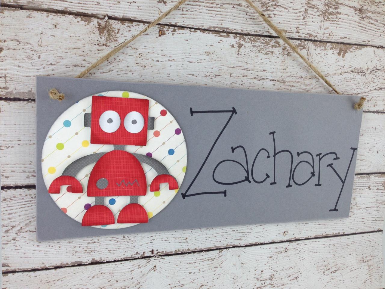 Personalized Kids Bedroom Door Sign Red Robot